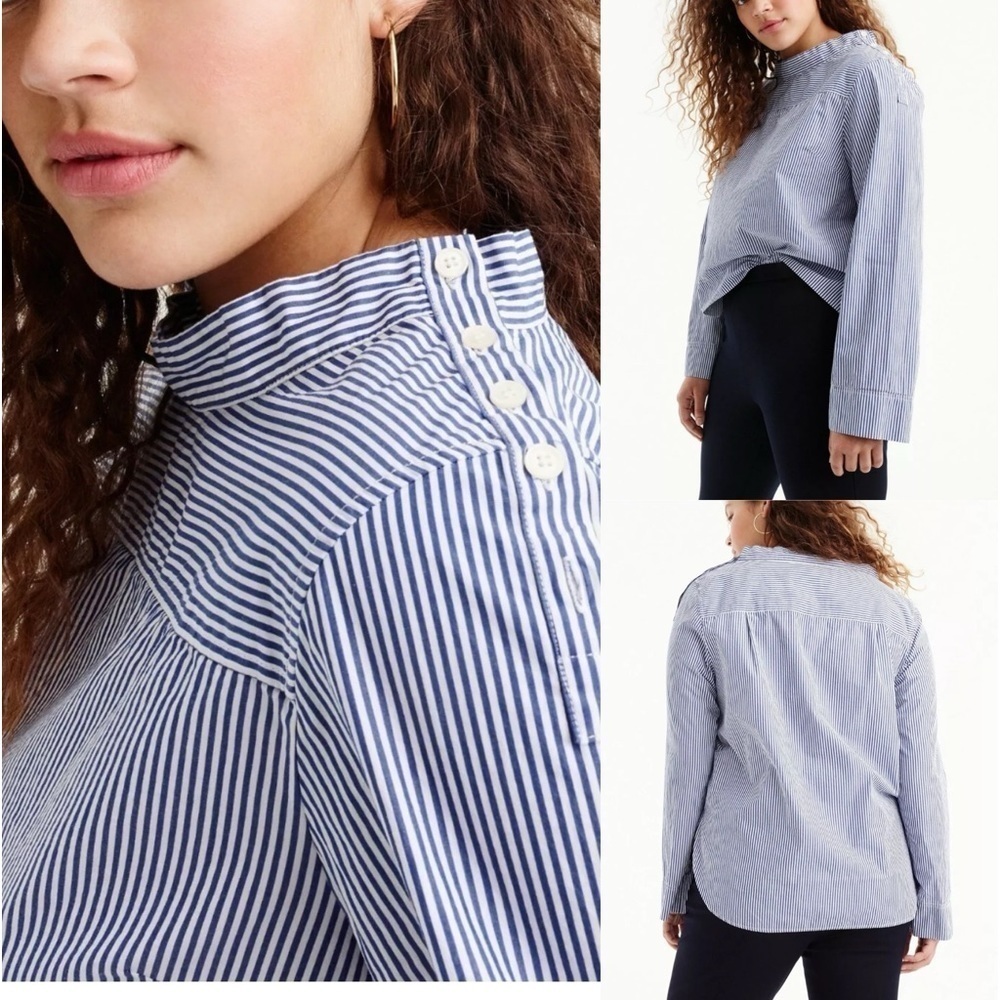 J.Crew Funnelneck‎ Button Shoulder Shirt Blue White Striped Cotton Size 2